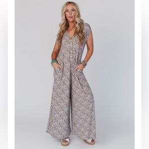 Three Birds Nest Daphne Floral Print Jumpsuit Boho Wide Leg XL